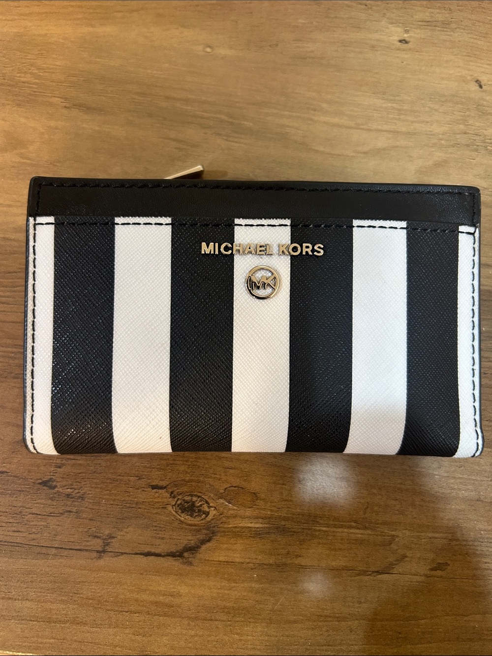 Michael Kors Black and White Striped Zip Wallet